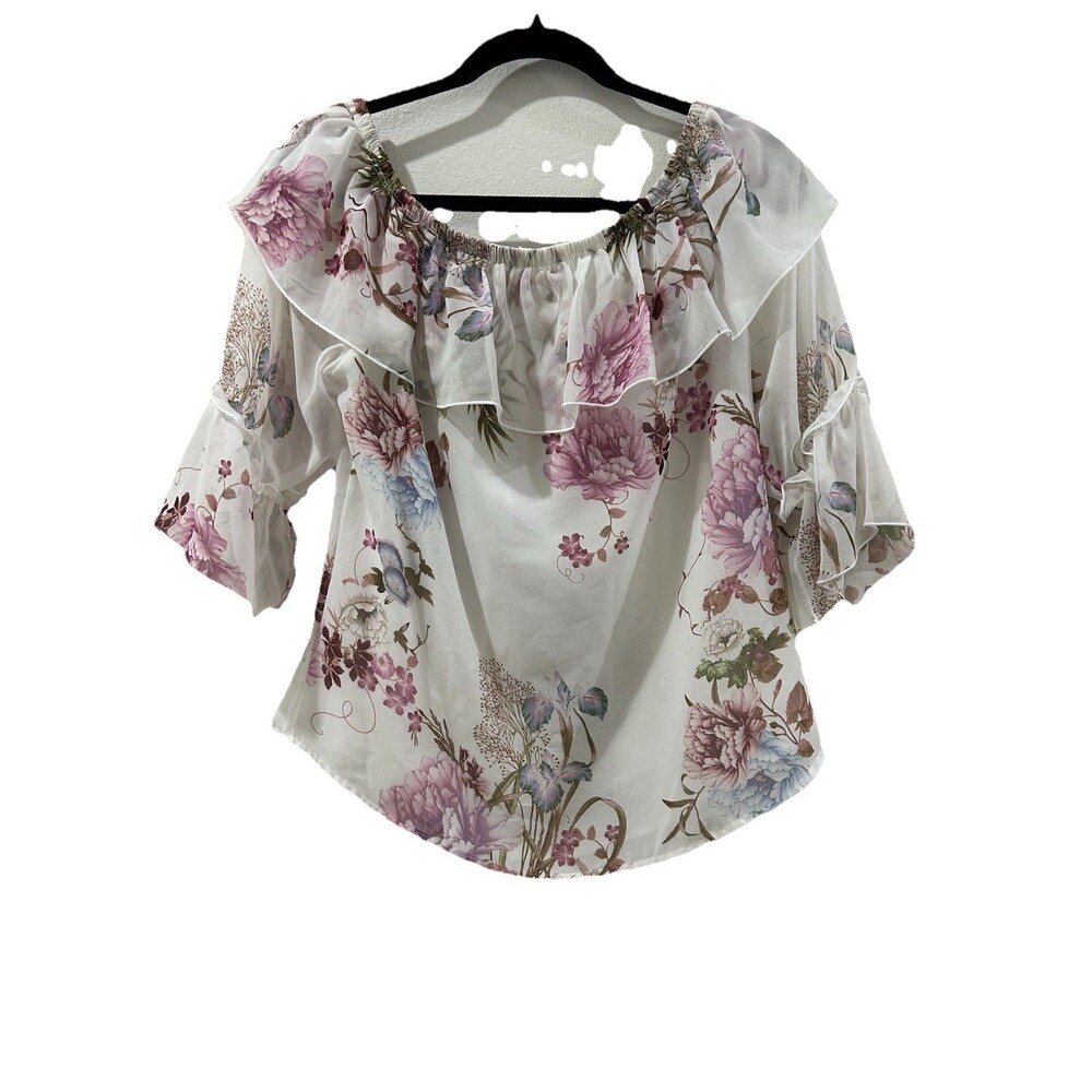 Sweet Pea By Stacy Frati Womans Size XS White Floral Lined Ruffle Scoop Neck